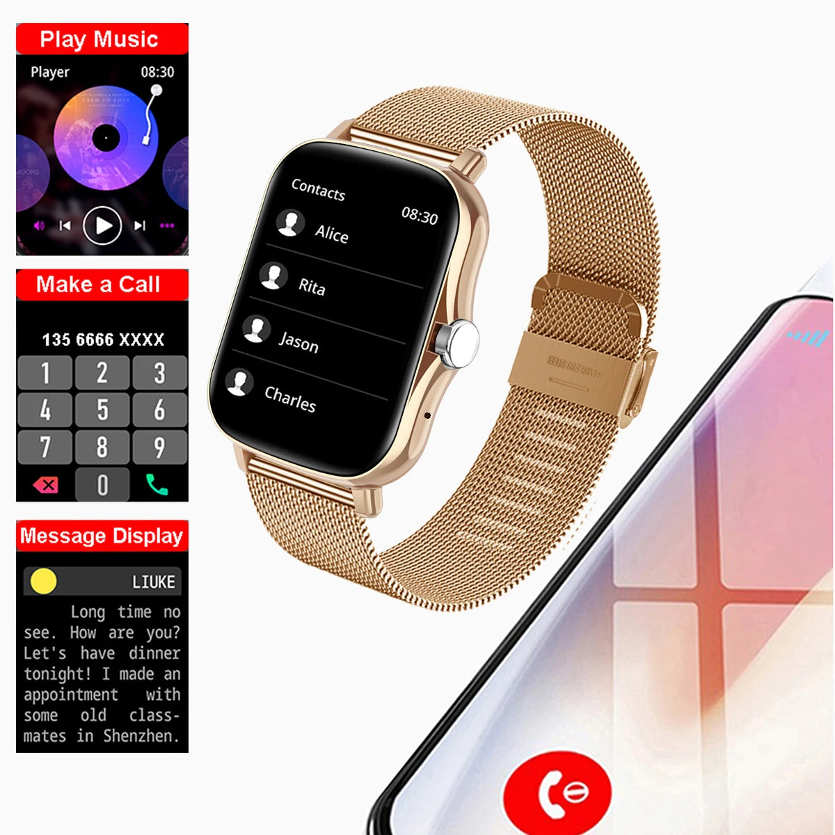 Square Smartwatch: Touch Dial, Call, Music, Fitness Tracker