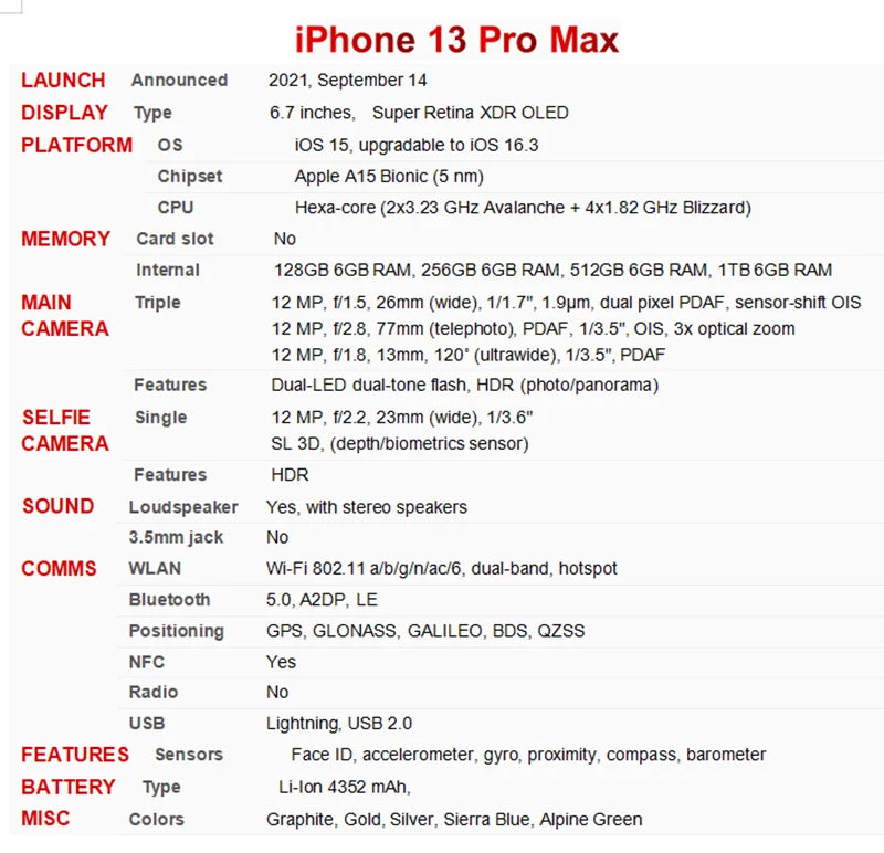 Original Apple iPhone 13 Pro Max - Genuine 5G Smartphone with A15 Chip, OLED Display, Face ID, NFC, Unlocked, 128GB/256GB/512GB/1TB ROM