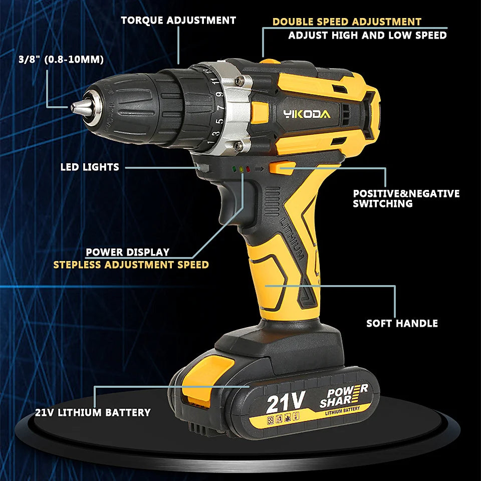 12/16.8/21V Cordless Drill: Rechargeable Electric Screwdriver