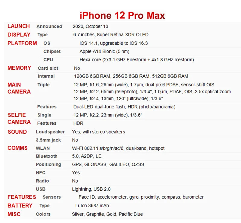 Apple iPhone 12 Pro Max - 6.7" OLED Smartphone with 6GB RAM, 128GB/256GB/512GB ROM, A14 Bionic Chip, iOS, Face ID, NFC, Unlocked, 5G