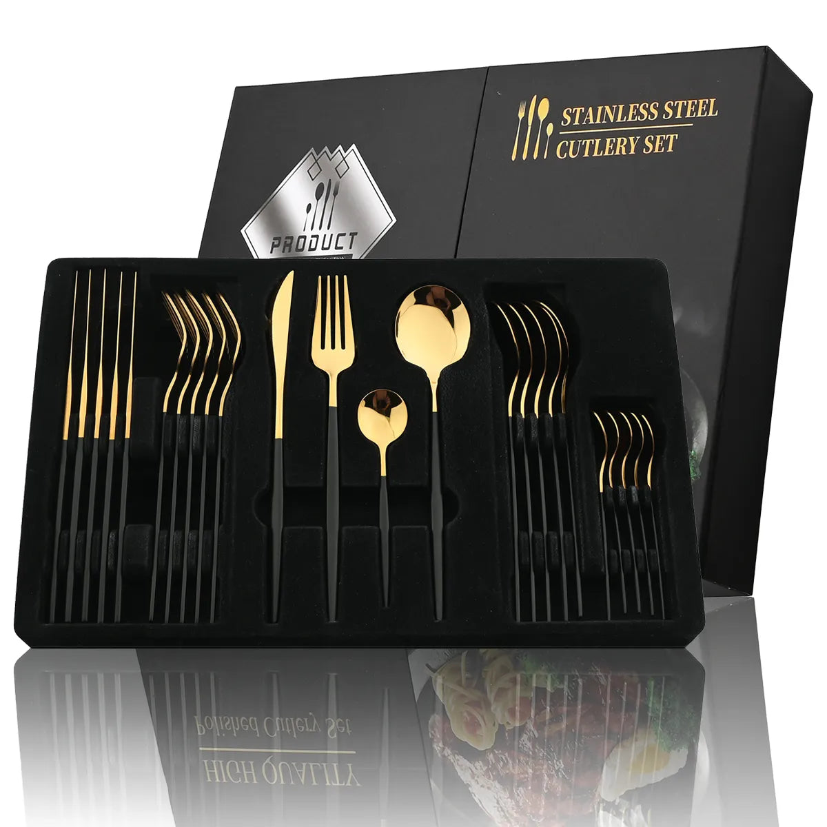 Golden Elegance: 24-Piece Black Handle Cutlery Set